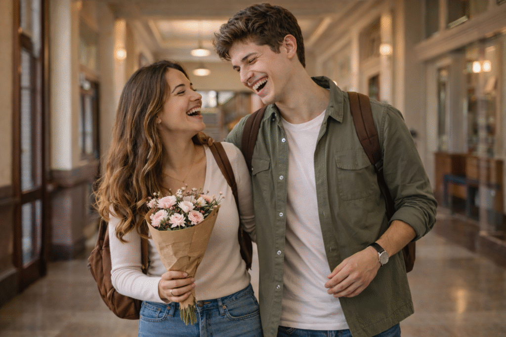 Saira and Mac laughing together in uniiversit corridor